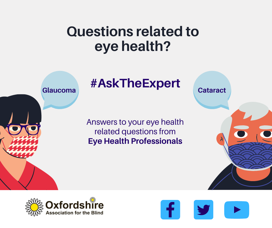 Graphic with text, Questions related to eye health, ask teh expert. two people with speech bubbles saying Glaucoma? Cataracts?