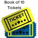 Book of 10 tickets written on a white background. 2 clip art tickets are in the middle of the frame