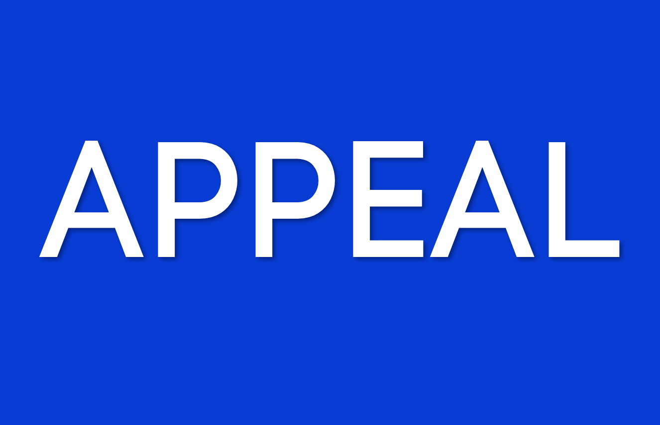 White text with the word "APPEAL" on a blue background