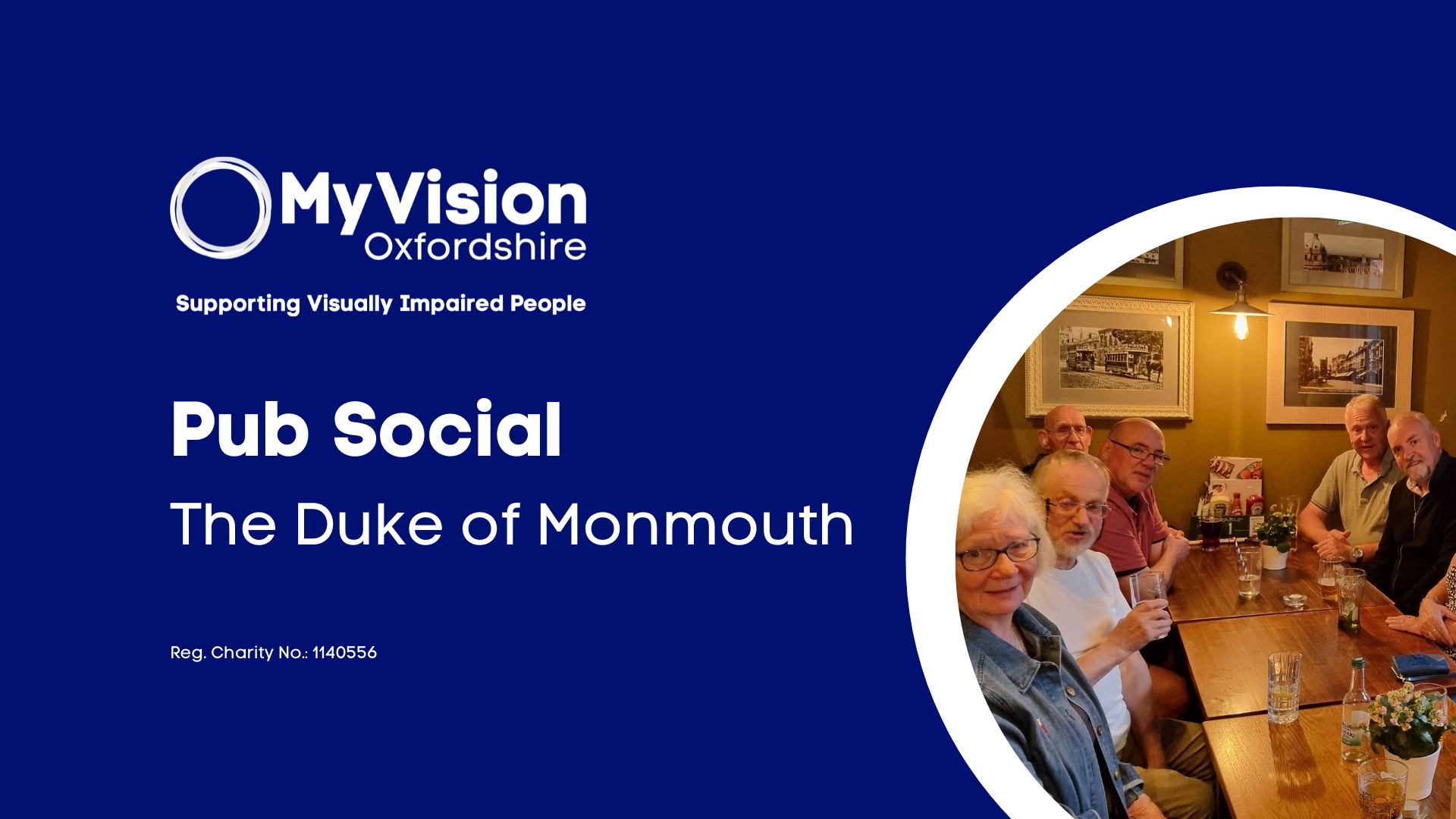 Pub Social at Duke of Monmouth on a blue background. MyVision logo is above. A photo of a group at the social is in the bottom corner