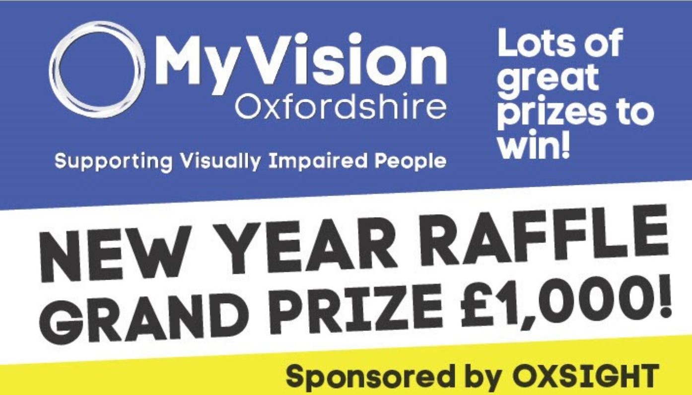 New Year Raffle Grand prize £1,000 written in the middle. MyVision logo is at the top. Top right corner says Lots of great prizes to win!