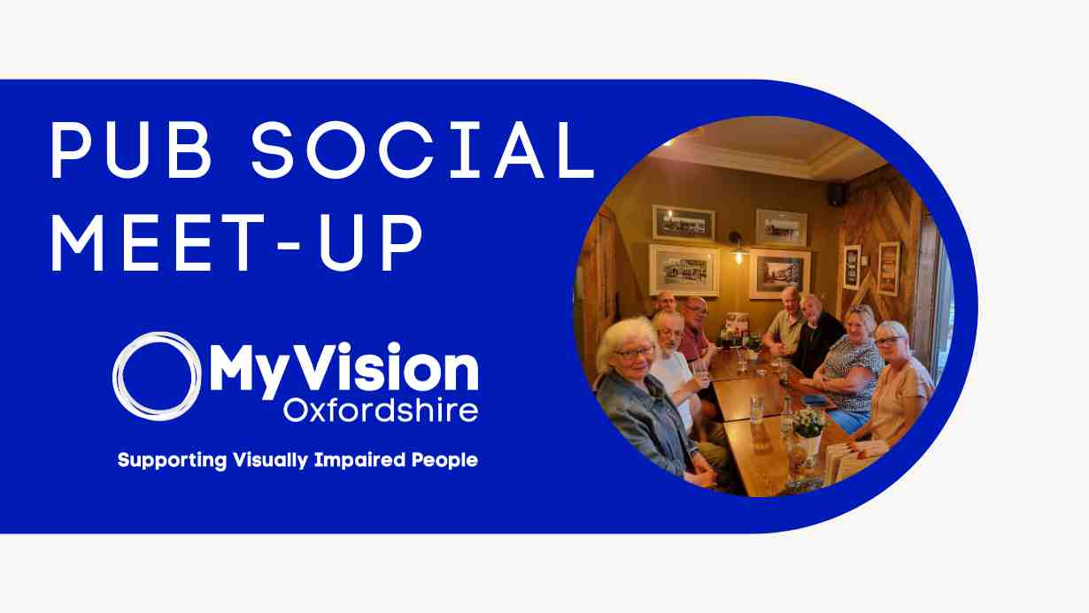 pub social meet-up written on a blue background. With a photo of the event on the right side.