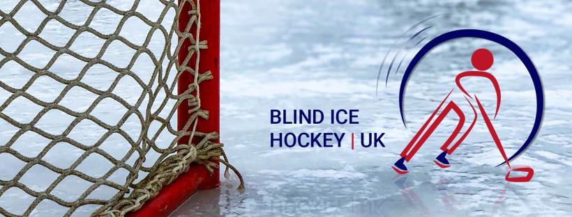 Blind Hockey UK logo with a corner of the net in the image. The background is an ice rink