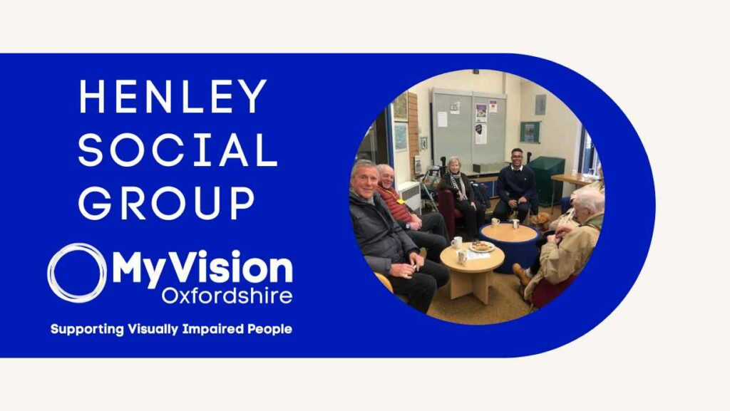 'Henley Social Group' with a photo of the Henley group posing beside the text