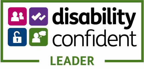 Text that reads, 'Disability Confident Leader' with clipart images on the side
