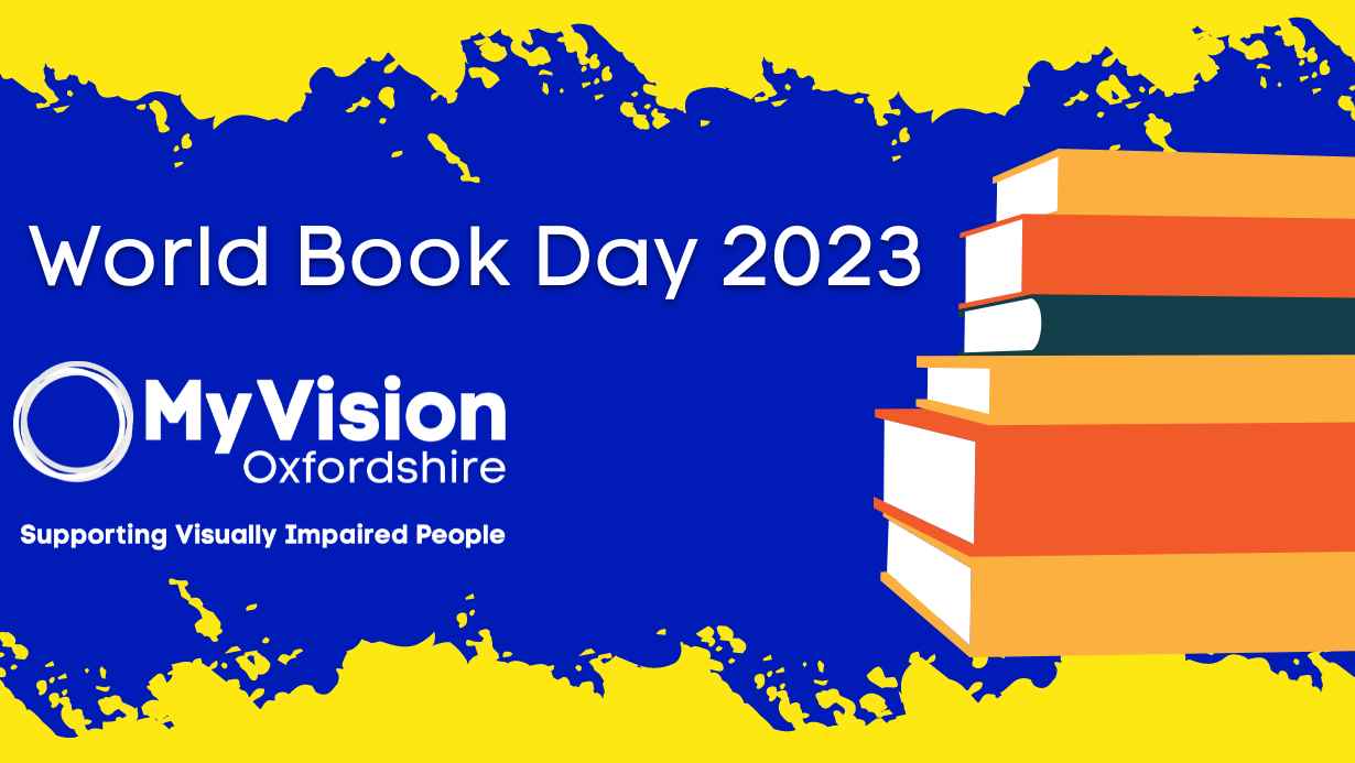 'World Book Day 2023' with the MyVision logo below and a stack of books on the right