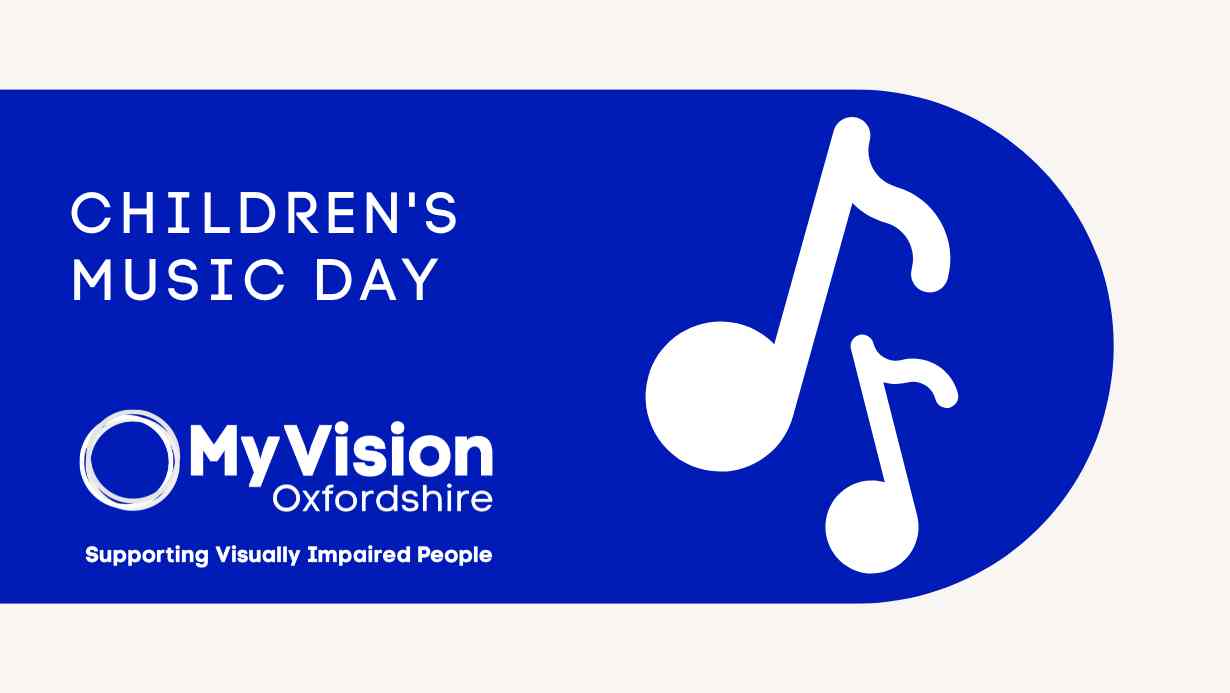 Text that says 'Children's Music Day' with the MyVision logo below and a picture of music notes on the right.