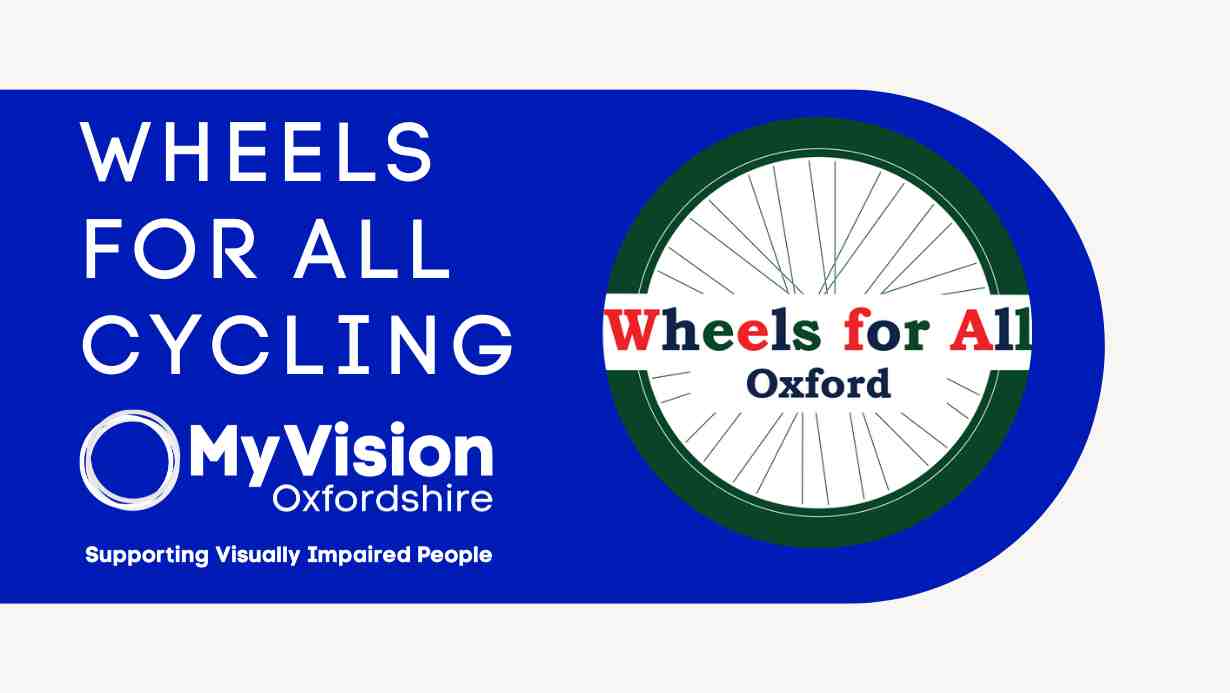 Text that says, 'Wheels for All Cycling' with the MyVision logo below and the Wheels for All logo on the right