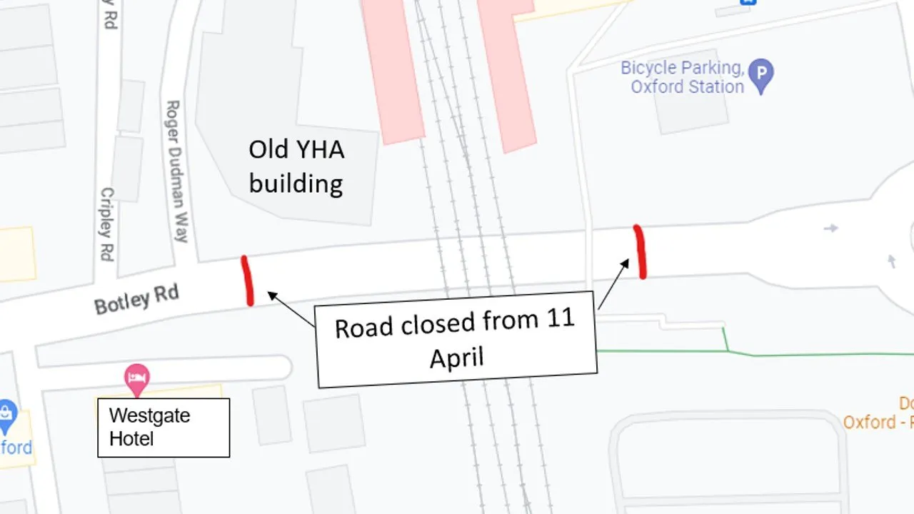 A map of Botley Road with the Botley Road rail bridge highlighted, and text beside it says, 'road closed from 11 April'