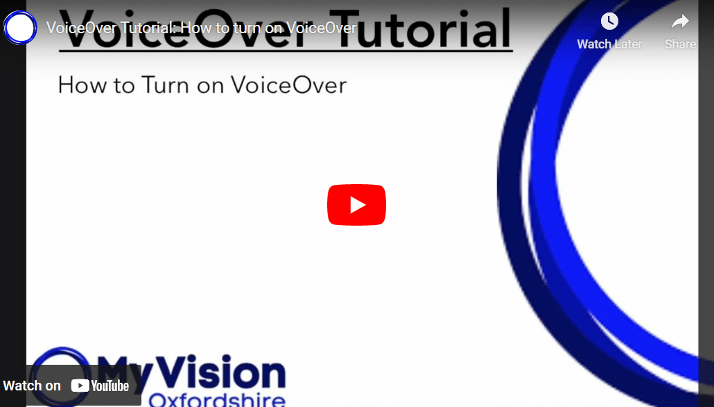 A screenshot of our VoiceOver tutorial video. The title says 'VoiceOver Tutorial: How to turn on VoiceOver.'