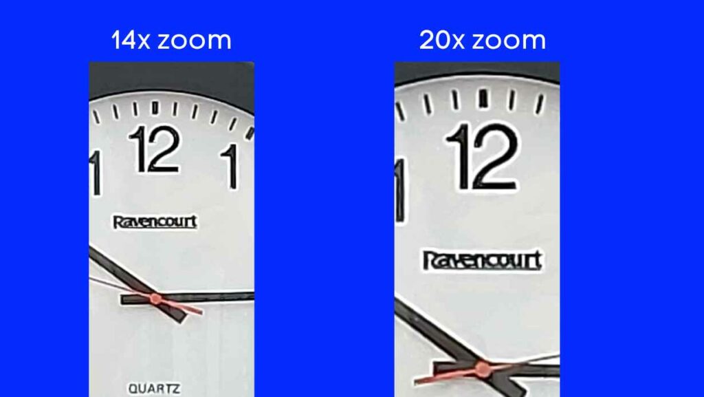 There are 2 images of a clock at 14x zoom and 20x zoom. In the 14x zoom image you can only see the central part of the clock; the '12' and '1' are the only fully visible numbers. You can see about half of the hands. In the 20x zoom image the only fully visible number is the 12 and you can only see the very central parts of the hands.