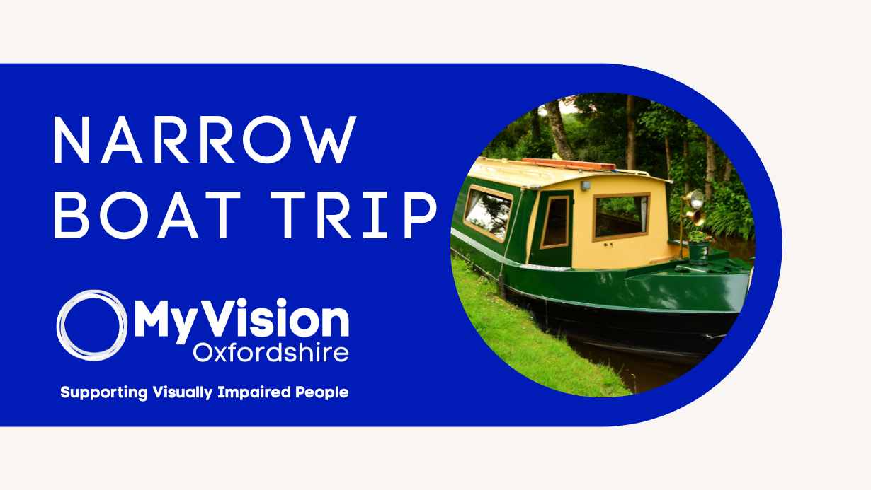Poster with text that reads, 'Narrow Boat Trip.' There is a MyVision logo below and a photo of a narrow boat on the right.