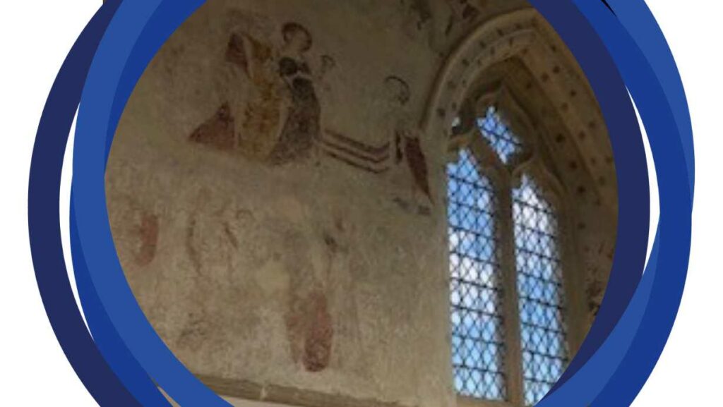 A photo of one of the Church's walls. It shows a medieval painting that depicts a bible scene. A window is in the side of the frame