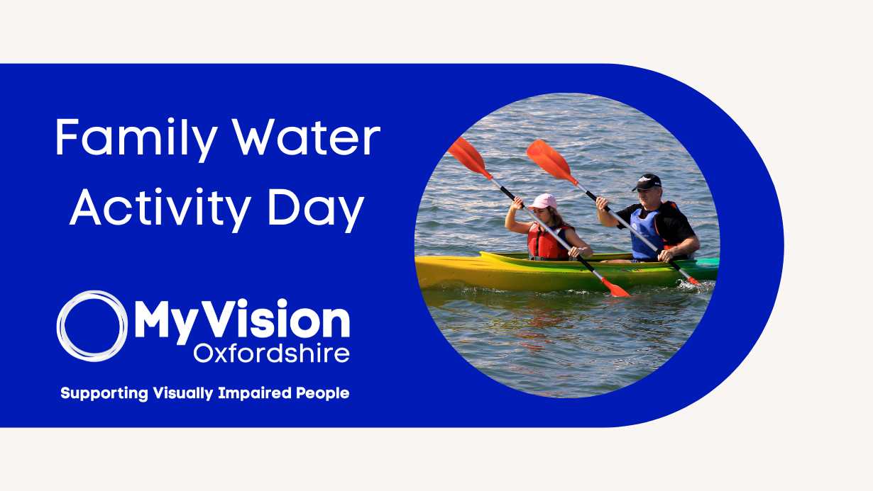 Poster that says 'Family Water Activity Day,' with a MyVision logo below and an image of 2 people on a canoe.