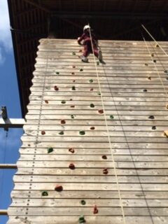 A person at the top of a climbing wall