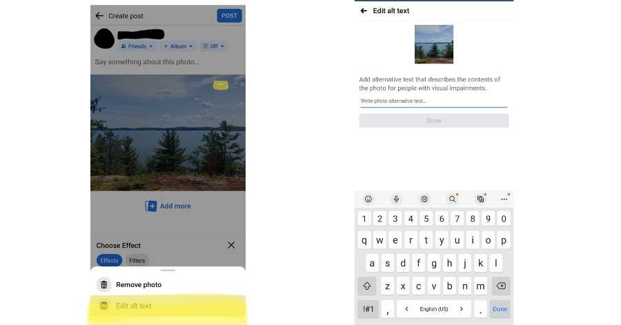 2 screenshots of a Facebook post for posting an image with alt text. On the left the 3 dots icon is highlighted which the user needs to press first. The an option to 'edit alt text' will appear (the option is highlighted in the image.