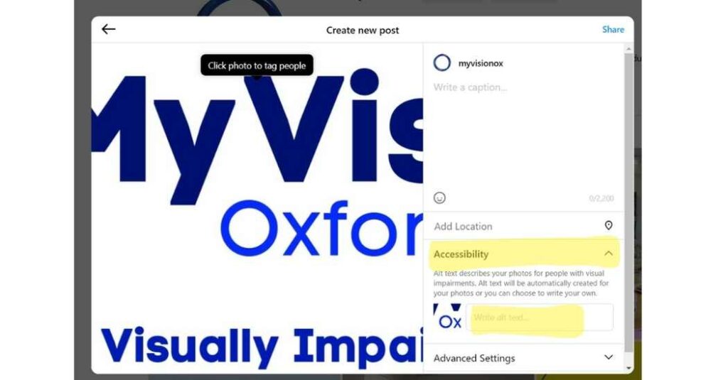 The last page on the desktop site before a post is shared. There is a dropdown option highlighted called 'accessibility.' Once the user clicks it, they have the option to add alt text to their image.