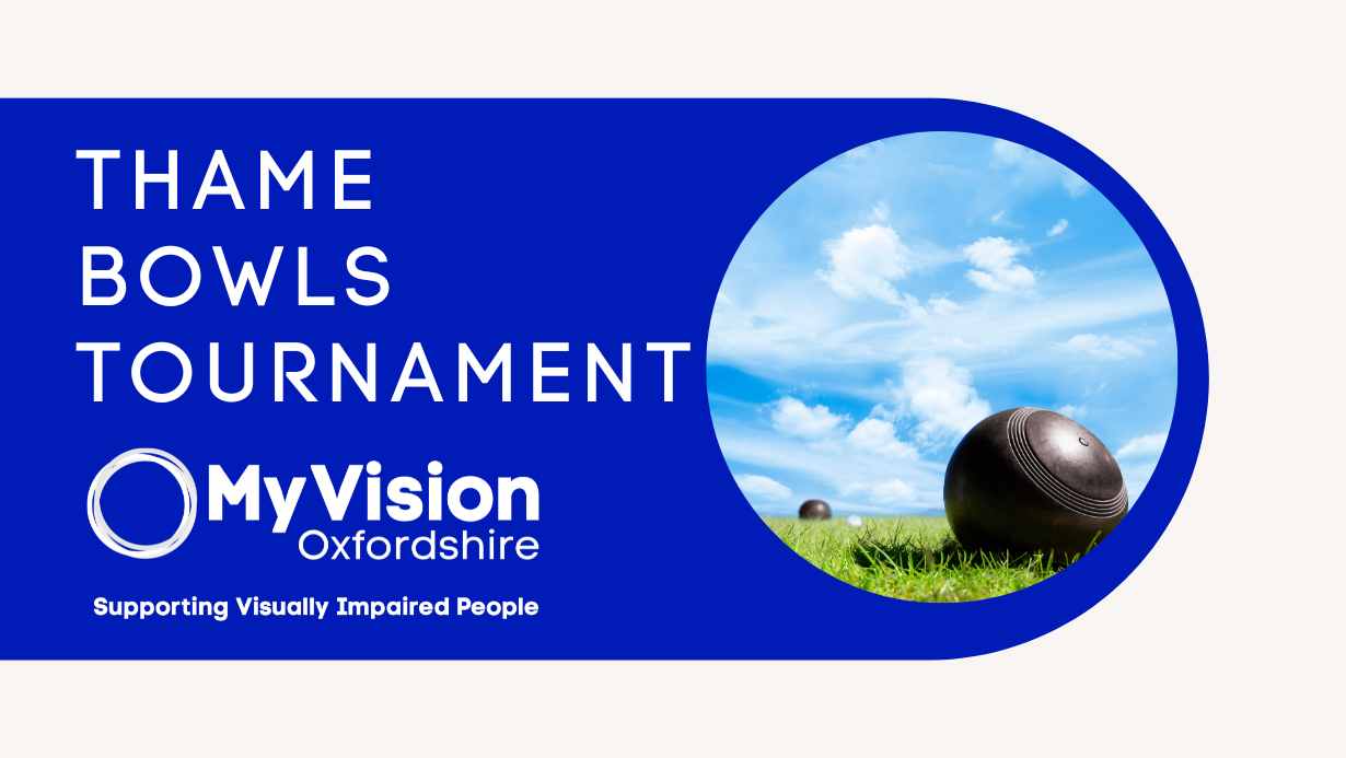 Text that says, 'Thame Bowls Tournament' with the MyVision logo below and a photo of bowls on a lawn on the right.