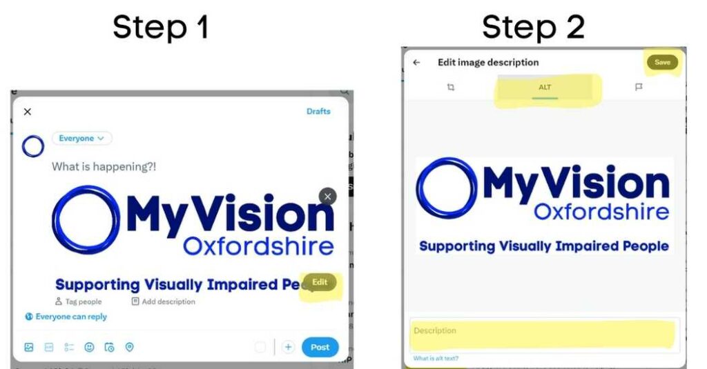 The 2 step process of adding alt text on twitter.
Step 1 shows the option to click edit on an image once it is uploaded.
step 2 shows the screen that appears next. The user needs to select 'Alt' at the top of the page, write their alt text, and click, 'save.'