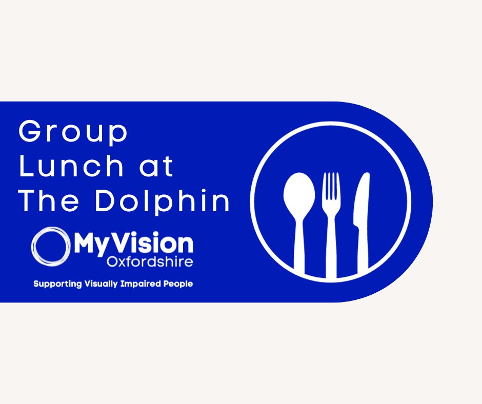 Poster that reads, 'Group lunch at the Dolphin.' There is a graphic of a spoon, a knife, and a fork on a plate on the right of the text. On the bottom is the MyVision logo