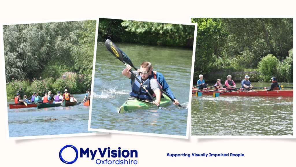 A collage of 3 photos. On the left are 4 canoes in the distance, padding away from view. In the middle is A closeup action shot of a 2 person kayak which is gliding through the water. On the right are 5 people in a row boat, moving across the water in-synch.