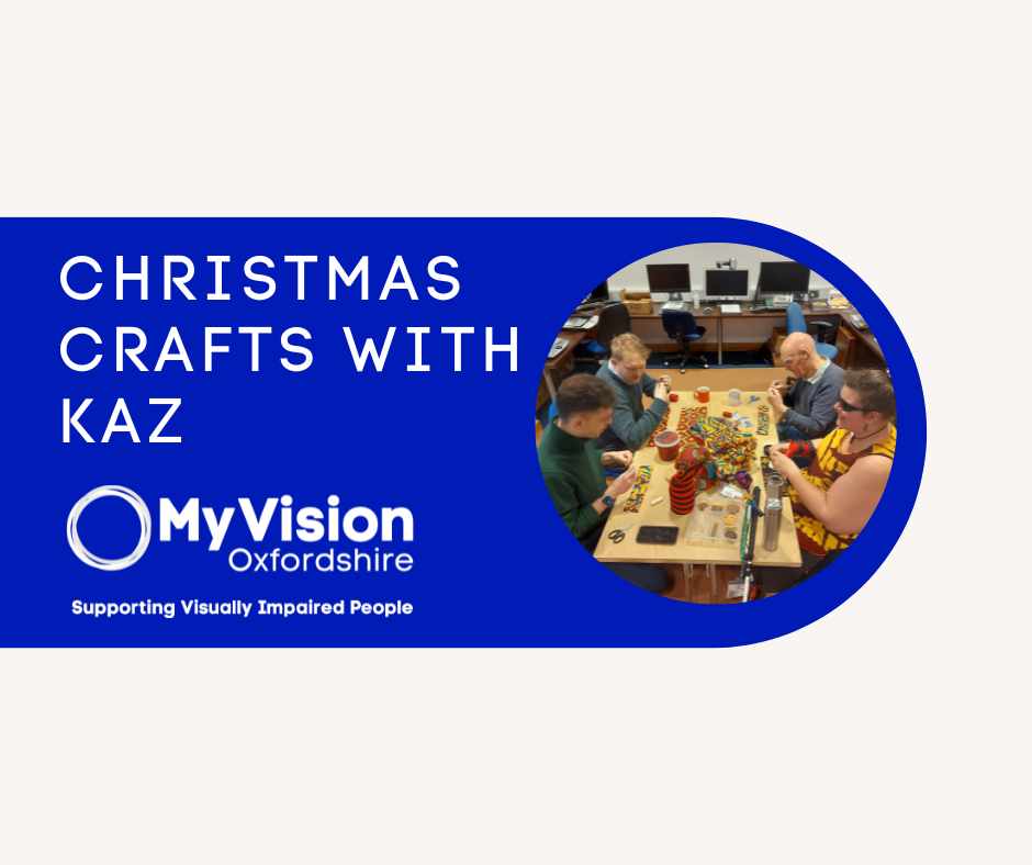 Poster that says, 'Christmas Crafts with Kaz.' On the right is an image of 4 people doing crafts in a previous summer session, and on the bottom is a MyVision logo.
