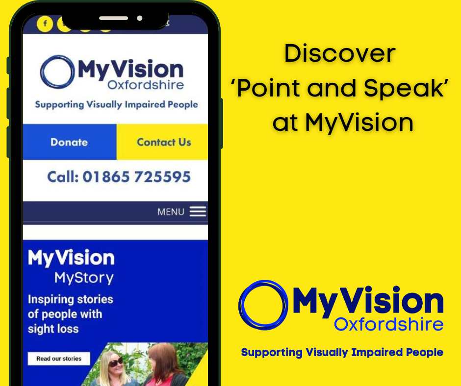 Poster with an image of an iPhone open to the MyVision website. On the other side is the title, 'Discover 'Point and Speak' at MyVision.' There is a MyVision logo at the bottom of the page.