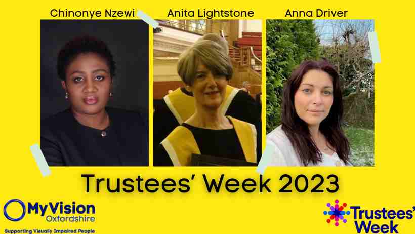 A collage with photos of Chinonye, Anita, and Anna. Below is the title, 'Trustees Week 2023.' At the very bottom is the MyVision logo and a Trustees Week logo