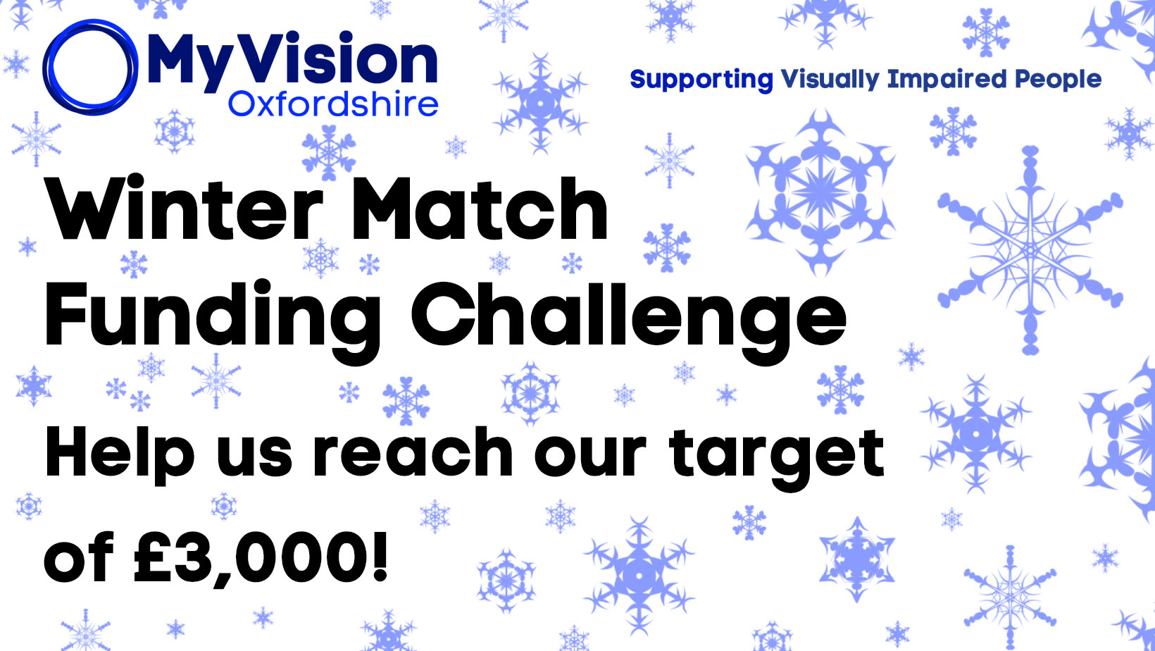Poster that says, 'Winter Match Funding Challenge: Help us reach our target of £3,000!' There are many snowflakes in the background and a MyVision logo at the top of the page.