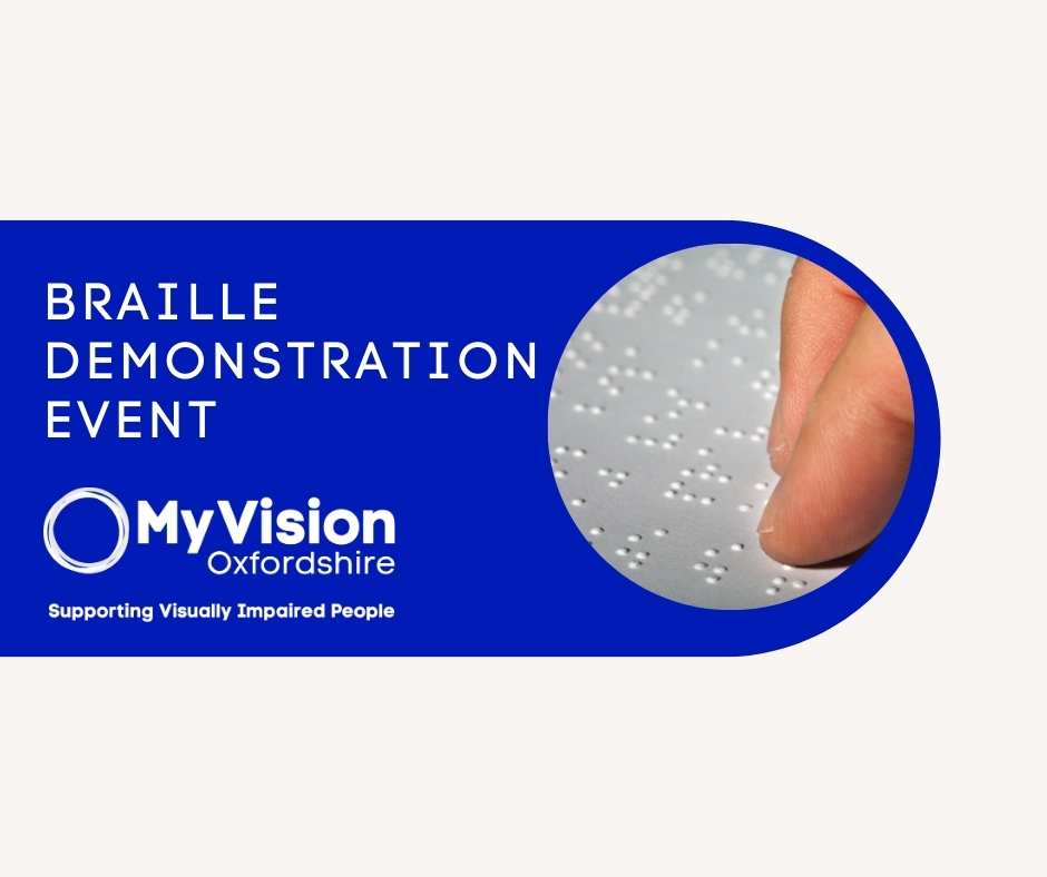 Poster with the title, 'Braille Demonstration Event.' On the right is a closeup image of a person's hand on a braille page. Below is the MyVision logo.