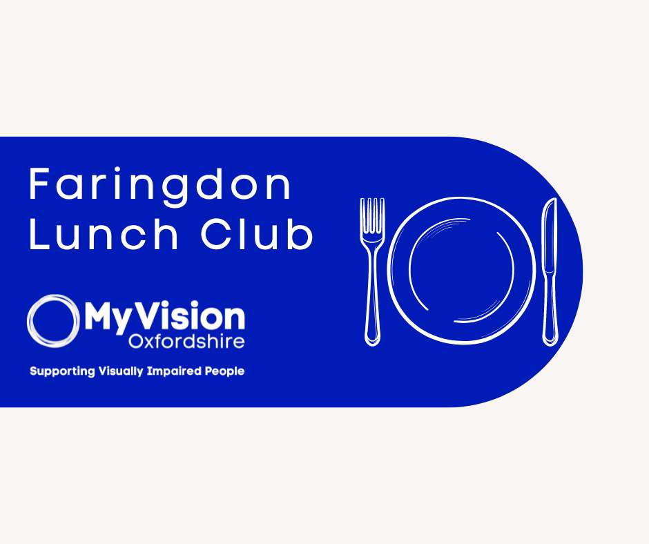 Poster that says, 'Faringdon Lunch Club.' On the side is an image of a plate with a knife and fork beside it. Below is the MyVision logo.