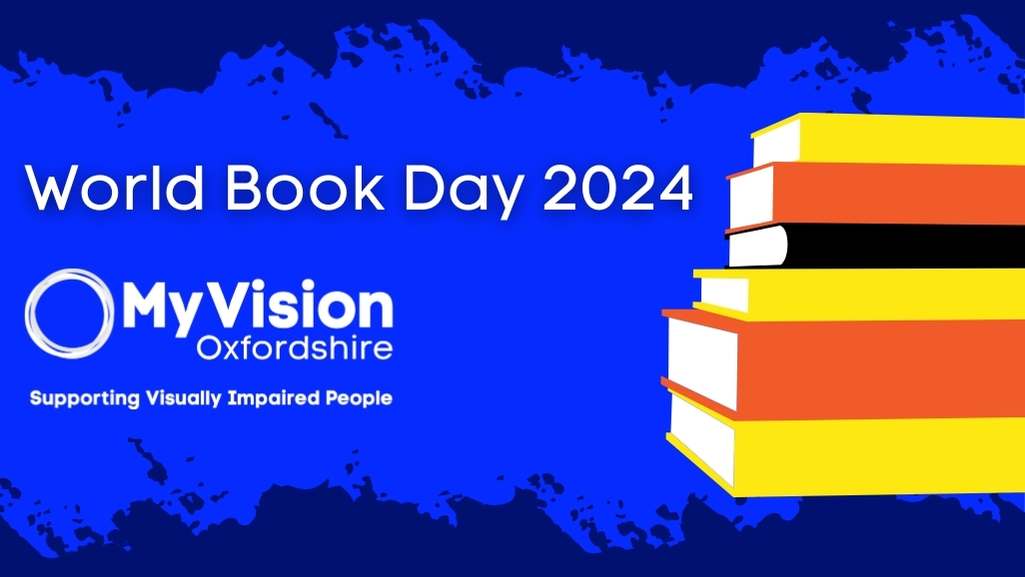Poster on a blue background with the title, 'World Book Day 2024.' Below is the MyVision logo and on the side is a graphic of a stack of books.