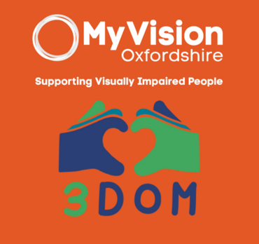 An orange background with The MyVision logo at the top and the 3dom logo below